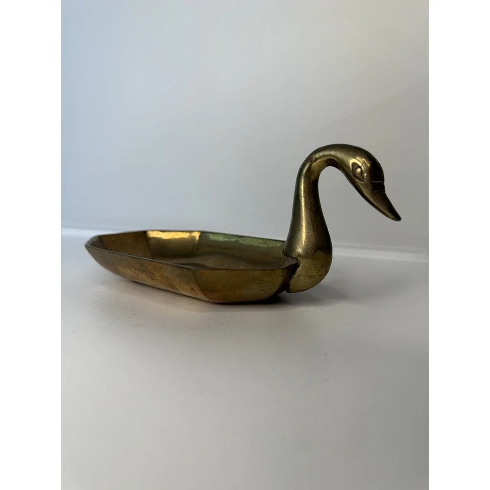Vintage Brass Swan Trinket Dish Mid Century Modern Octagonal Bowl